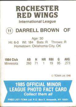 1985 TCMA Rochester Red Wings #11 Darrell Brown Back