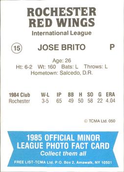1985 TCMA Rochester Red Wings #15 Jose Brito Back