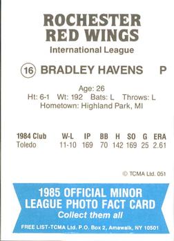 1985 TCMA Rochester Red Wings #16 Bradley Havens Back