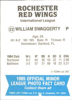 1985 TCMA Rochester Red Wings #22 William Swaggerty Back