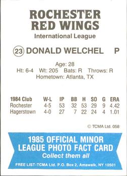 1985 TCMA Rochester Red Wings #23 Donald Welchel Back
