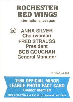1985 TCMA Rochester Red Wings #26 The Braintrust (Anna Silver / Fred Strauss / Bob Goughan) Back