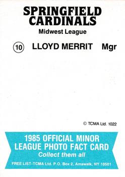1985 TCMA Springfield Cardinals #10 Lloyd Merritt Back