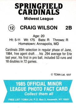 1985 TCMA Springfield Cardinals #12 Craig Wilson Back