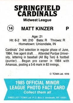 1985 TCMA Springfield Cardinals #14 Matt Kinzer Back