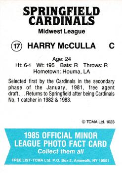 1985 TCMA Springfield Cardinals #17 Harry McCulla Back