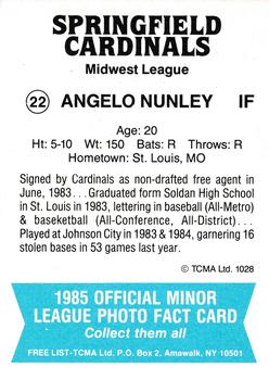 1985 TCMA Springfield Cardinals #22 Angelo Nunley Back