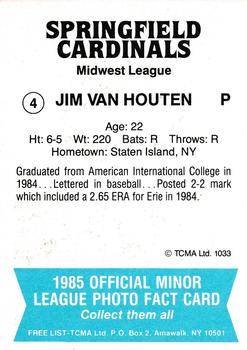 1985 TCMA Springfield Cardinals #4 Jim Van Houten Back