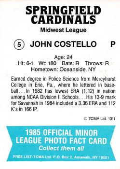 1985 TCMA Springfield Cardinals #5 John Costello Back