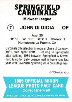 1985 TCMA Springfield Cardinals #7 John DiGioia Back