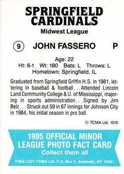 1985 TCMA Springfield Cardinals #9 Jeff Fassero Back