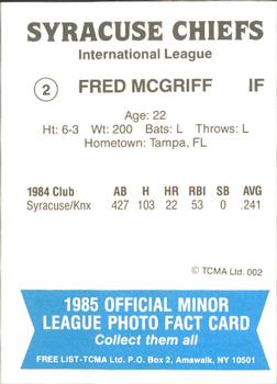 1985 TCMA Syracuse Chiefs #2 Fred McGriff Back