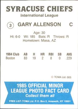1985 TCMA Syracuse Chiefs #3 Gary Allenson Back
