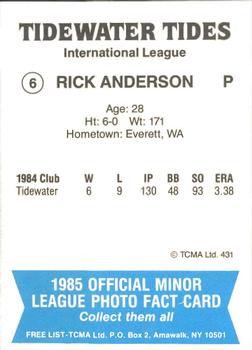 1985 TCMA Tidewater Tides #6 Rick Anderson Back