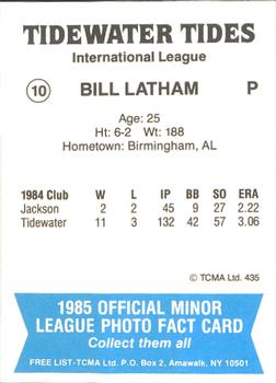 1985 TCMA Tidewater Tides #10 Bill Latham Back