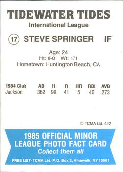 1985 TCMA Tidewater Tides #17 Steve Springer (Black Bat) Back