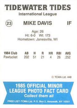 1985 TCMA Tidewater Tides #23 Mike Davis Back
