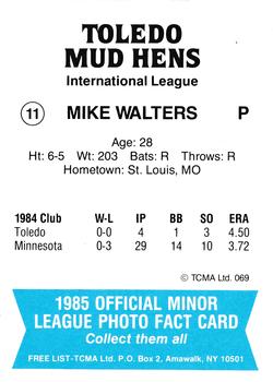 1985 TCMA Toledo Mud Hens #11 Mike Walters Back