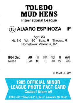 1985 TCMA Toledo Mud Hens #15 Alvaro Espinoza Back