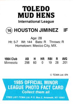 1985 TCMA Toledo Mud Hens #16 Houston Jimenez Back