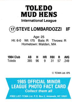 1985 TCMA Toledo Mud Hens #17 Steve Lombardozzi Back