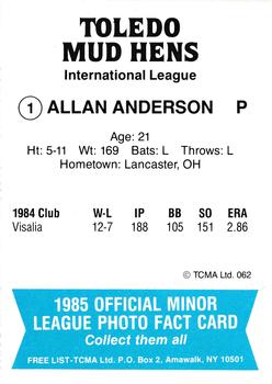 1985 TCMA Toledo Mud Hens #1 Allan Anderson Back