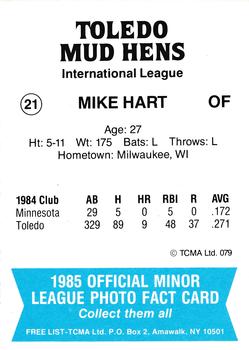 1985 TCMA Toledo Mud Hens #21 Mike Hart Back