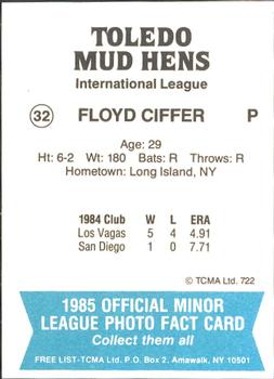 1985 TCMA Toledo Mud Hens #32 Floyd Chiffer Back