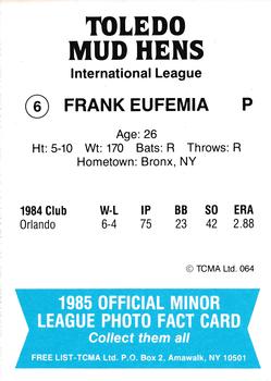 1985 TCMA Toledo Mud Hens #6 Frank Eufemia Back