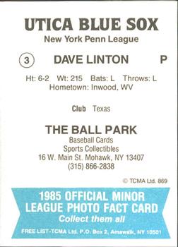 1985 TCMA Utica Blue Sox #3 Dave Linton Back