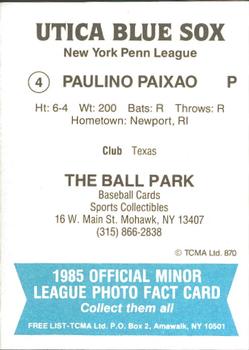 1985 TCMA Utica Blue Sox #4 Paulino Paixao Back