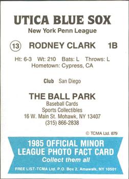 1985 TCMA Utica Blue Sox #13 Rodney Clark Back