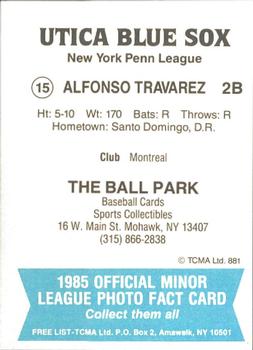 1985 TCMA Utica Blue Sox #15 Alfonso Tavarez Back