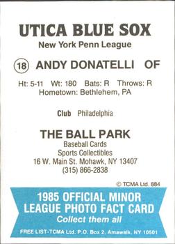 1985 TCMA Utica Blue Sox #18 Andy Donatelli Back