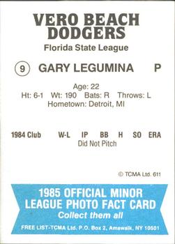1985 TCMA Vero Beach Dodgers #9 Gary Legumina Back