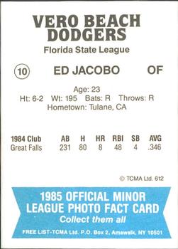 1985 TCMA Vero Beach Dodgers #10 Ed Jacobo Back