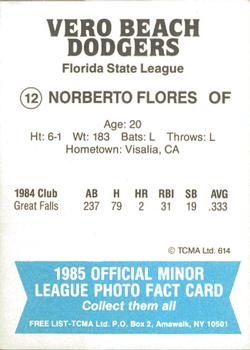 1985 TCMA Vero Beach Dodgers #12 Norberto Flores Back