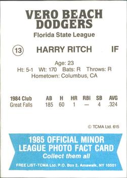1985 TCMA Vero Beach Dodgers #13 Harry Ritch Back