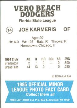 1985 TCMA Vero Beach Dodgers #14 Joe Karmeris Back