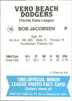 1985 TCMA Vero Beach Dodgers #16 Bob Jacobsen Back