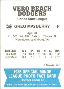 1985 TCMA Vero Beach Dodgers #20 Greg Mayberry Back