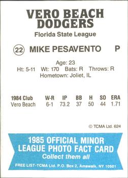 1985 TCMA Vero Beach Dodgers #22 Mike Pesavento Back