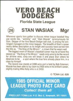 1985 TCMA Vero Beach Dodgers #26 Stan Wasiak Back