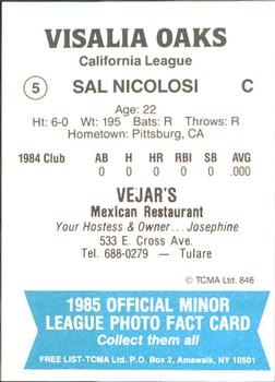 1985 TCMA Visalia Oaks #5 Sal Nicolosi Back