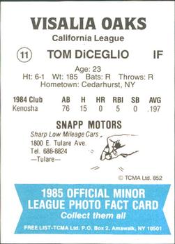 1985 TCMA Visalia Oaks #11 Tom DiCeglio Back