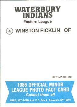 1985 TCMA Waterbury Indians #4 Winston Ficklin Back