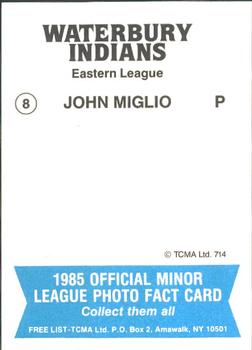 1985 TCMA Waterbury Indians #8 John Miglio Back