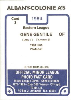 1984 TCMA Albany-Colonie A's #3 Gene Gentile Back