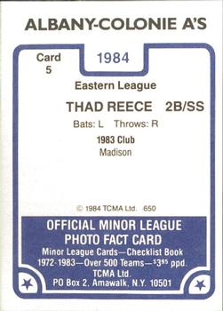 1984 TCMA Albany-Colonie A's #5 Thad Reece Back