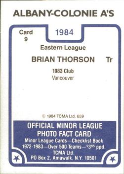 1984 TCMA Albany-Colonie A's #9 Brian Thorson Back